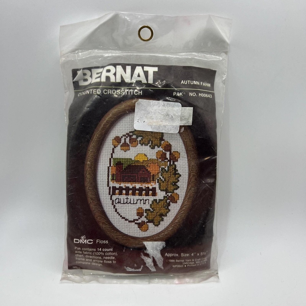 Vintage Bernat Autumn Farm Cross Stitch Kit 1986 Fall Harvest DMC Floss NIP‎